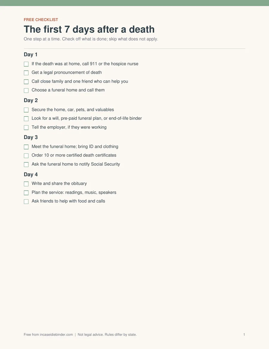 First 7 days after a death checklist