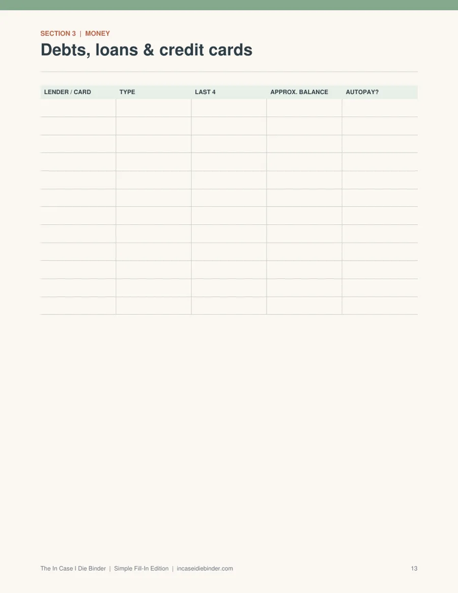 Debts & credit cards page