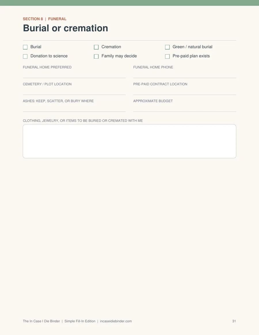Funeral wishes page