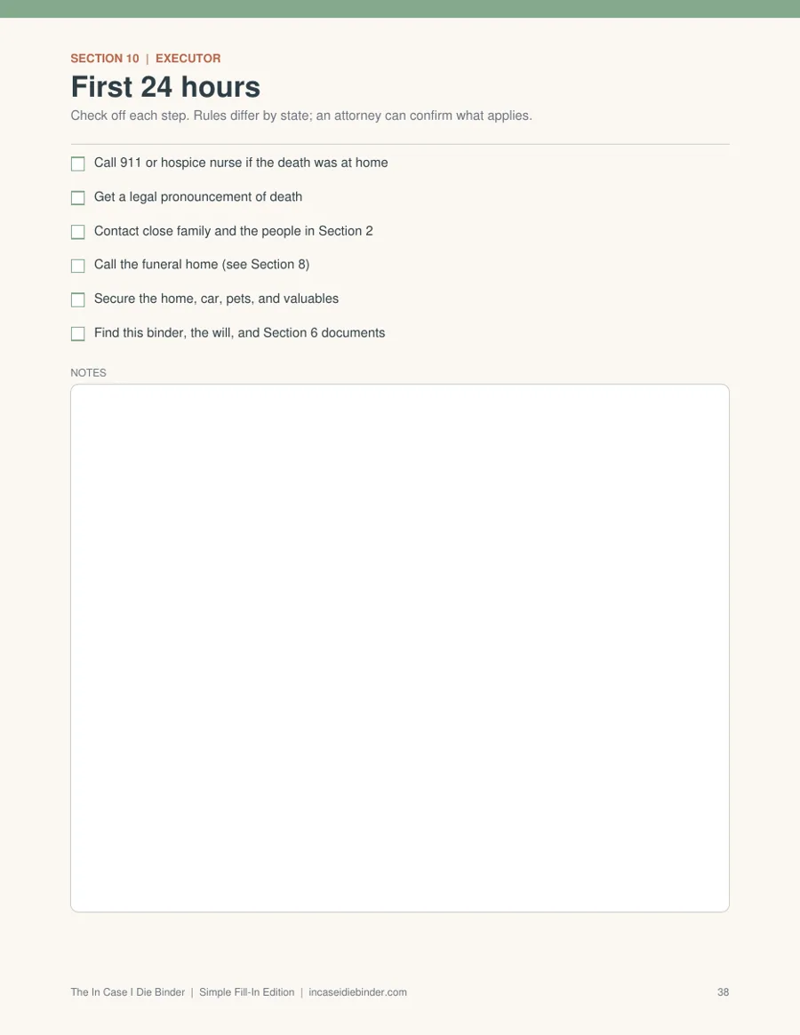 Executor checklist first 24 hours page