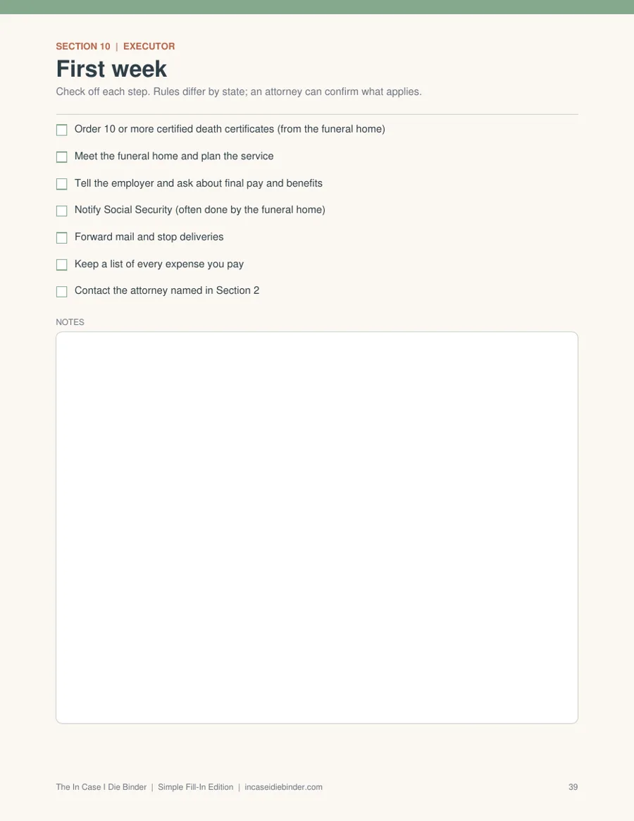 Executor: first week page