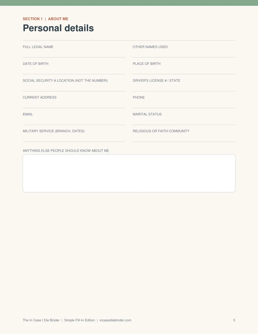 Personal details page